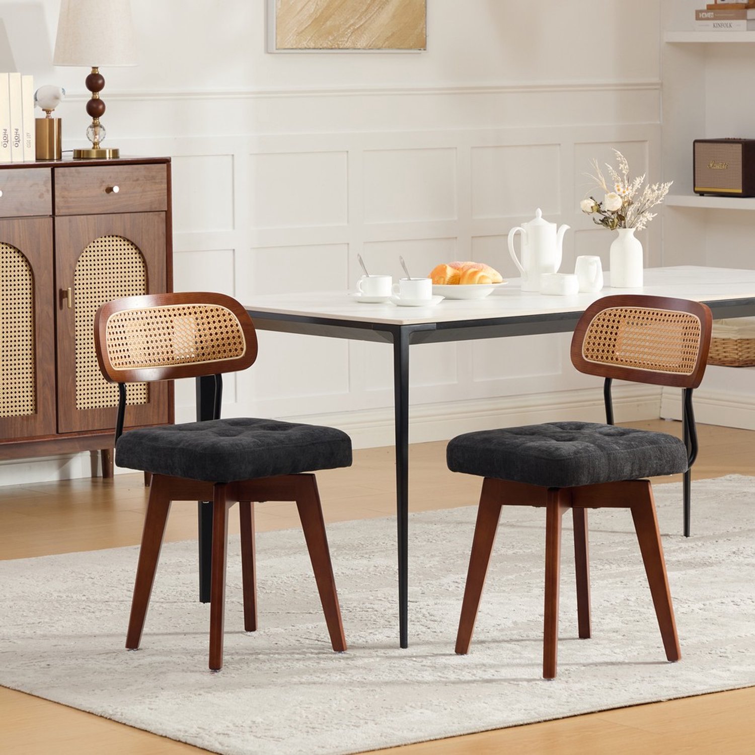 Pugsdrly Set van 2 360° draaibare stoelen, keukenstoelen in mid-century modern-stijl, met gevlochten rugleuning en gestoffeerde zitting, 360° draaibare stoelen, geschikt voor de eethoek (zwart chenille)