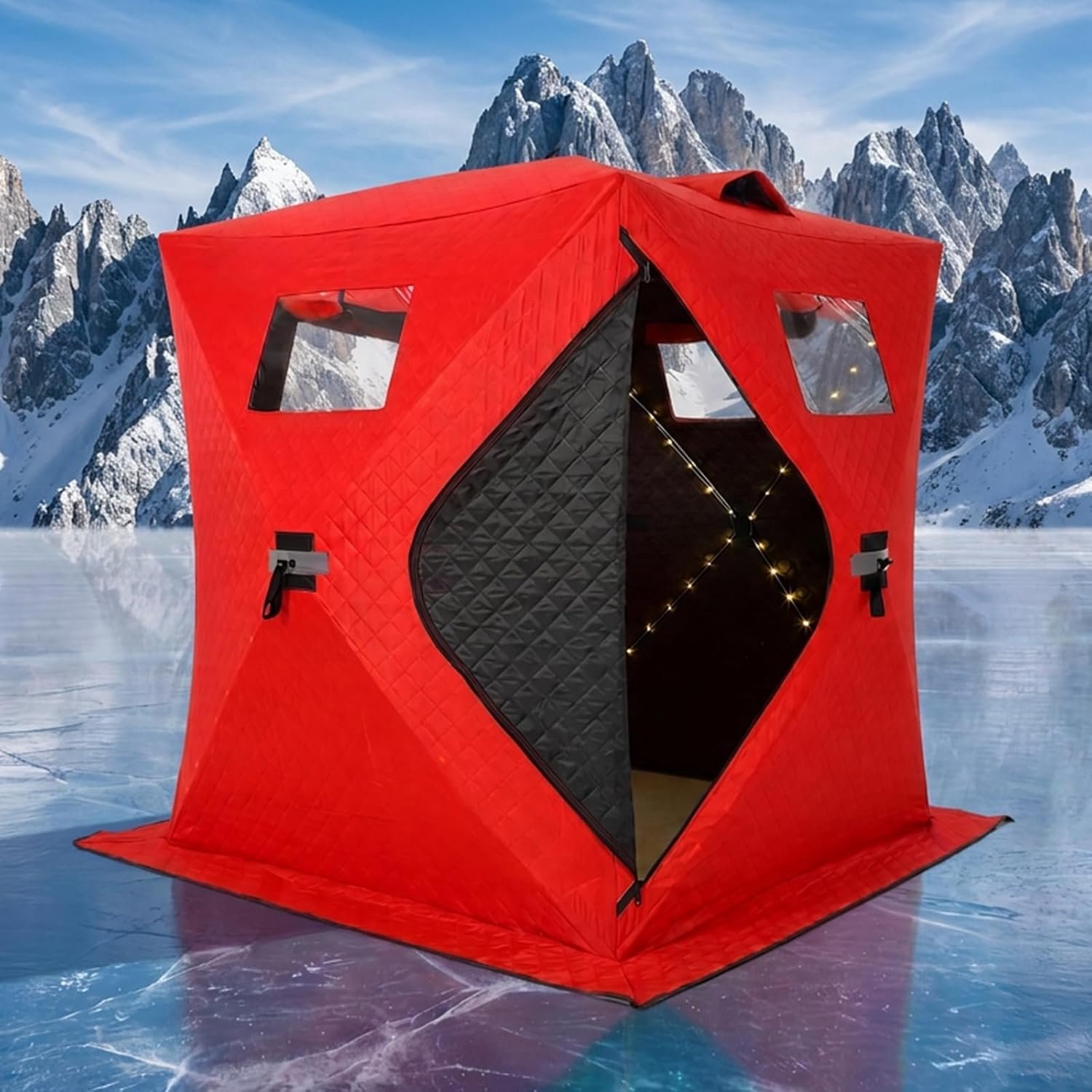 Pop-up-tent voor ijsvissen – voor 2-3 personen – rood – 152 x 152 x 194 cm – ruime binnenruimte – waterdicht – snel op te zetten