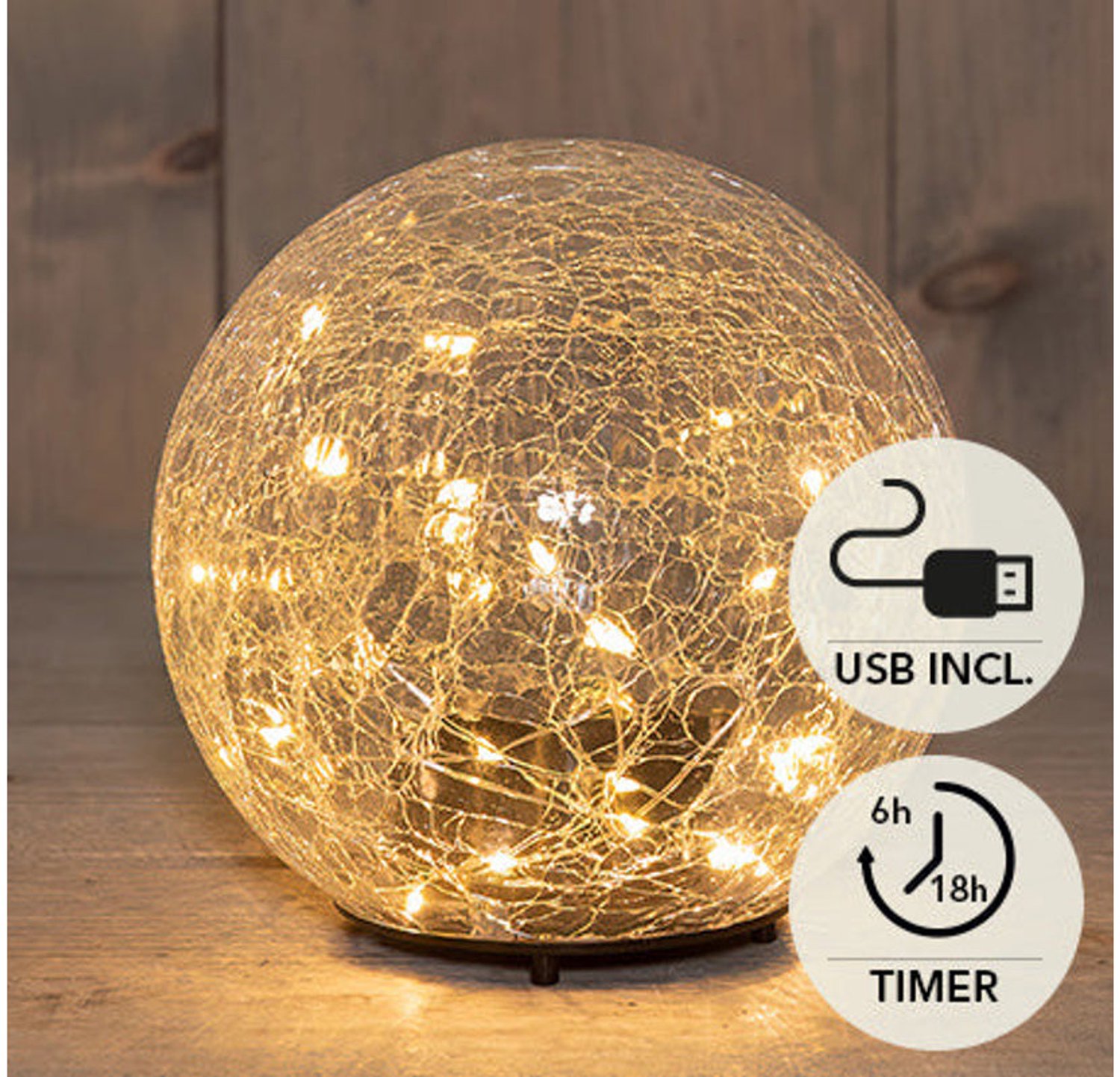 Luxe LED Glazen Bol Crackle – Ø 15 cm – Oplaadbaar via USB (Incl. Kabel) – 30 Classic LED Lampjes – Sfeerlicht met Timer – Anna's Collection