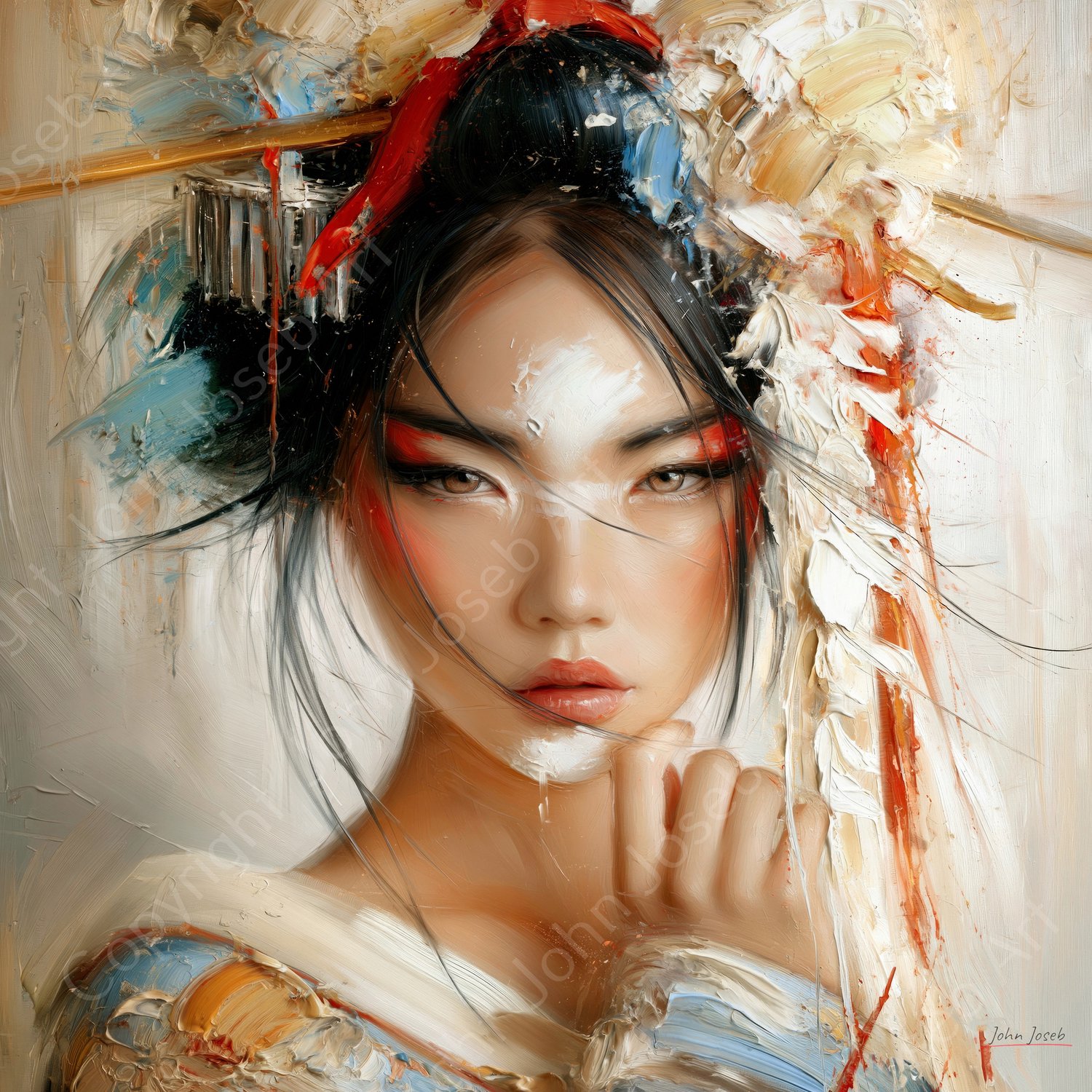 John Joseb Art (Aluminium) 100x100 | Vrouw, Geisha, abstract, Japan, Japandi stijl, kleurrijk, portret, kunst, vierkant, bruin, beige, blauw, geel, grijs, modern | foto-schilderij op dibond, metaal wanddecoratie