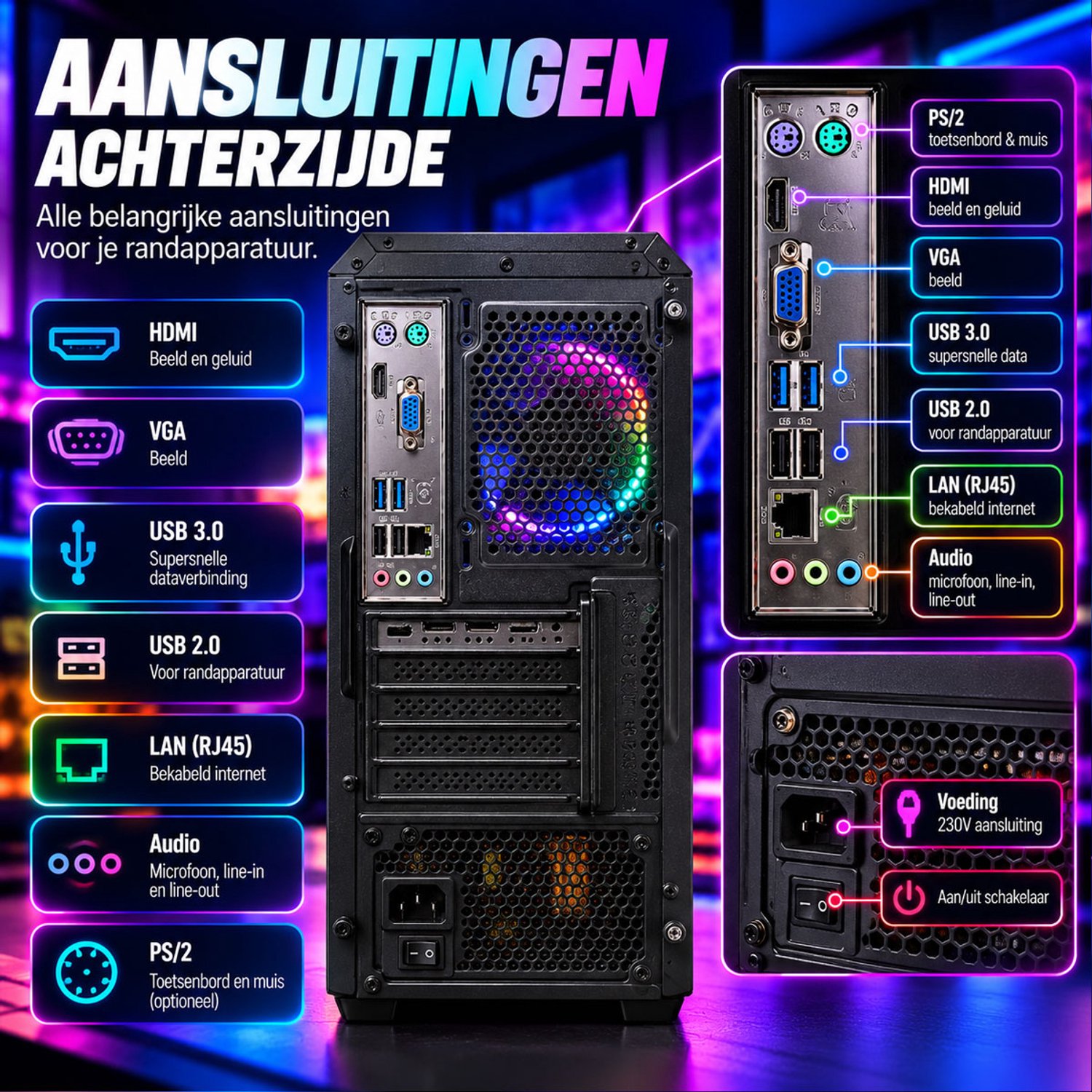 ScreenON Gaming Set – Complete Gaming PC met 27 inch Monitor – Ryzen 3 3200G – 8GB RAM – 512GB SSD – Radeon Vega 8 – Windows 11 Pro – Toetsenbord, Muis, Headset & Muismat thumbnail 4