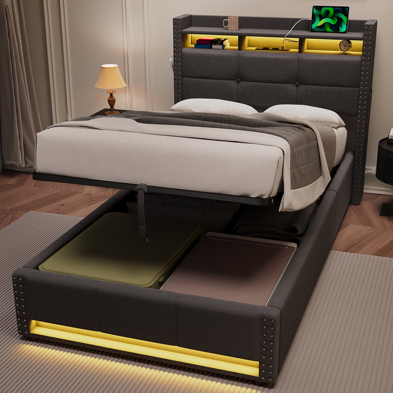 Wishdor Gestoffeerd Eenpersoonsbed 90x200cm met Opbergruimte - Grijs - Luxe Bed met LED Verlichting, USB & Lattenbodem - Gasveer - Hoofdbord Kast