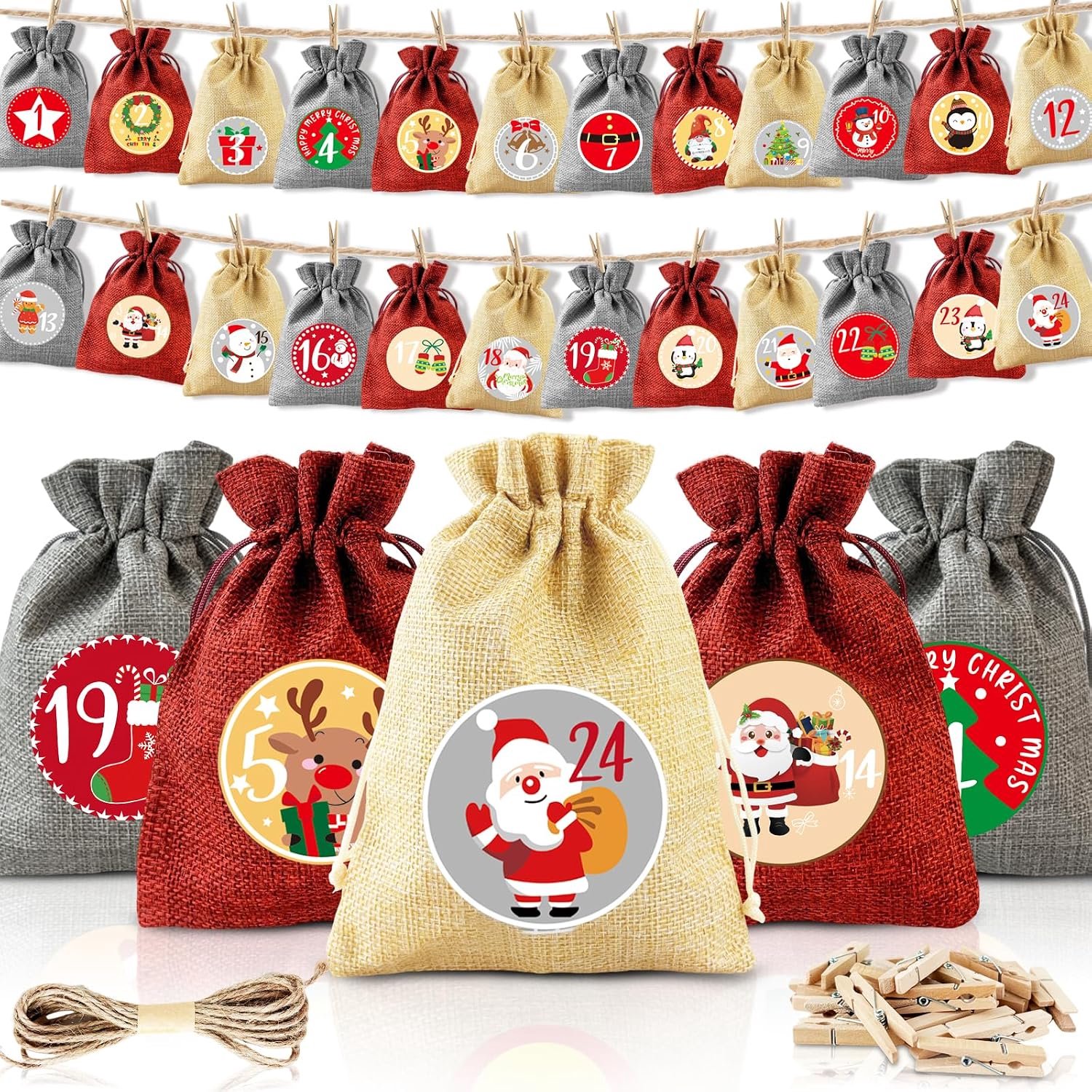 KZQ Vulbare aftelkalender voor Kerstmis – Kerstcadeauzakjes – Jute zakjes – Inclusief touw en stickers - 18 x 13 cm – Aftelzakjes voor Kerstmis voor kinderen