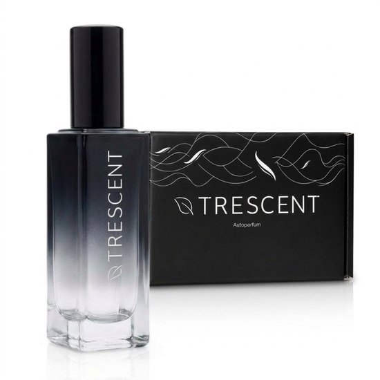 Vierkante Trescent autoparfum-flacon met zwart-transparant kleurverloop naast een bijpassende zwarte doos.