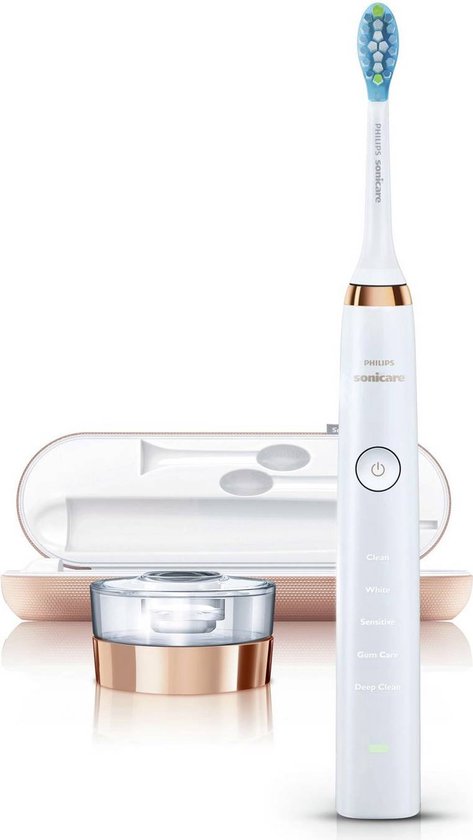 Witte Philips Sonicare tandenborstel met roségouden accenten, oplaadglas en bijpassend reisetui.