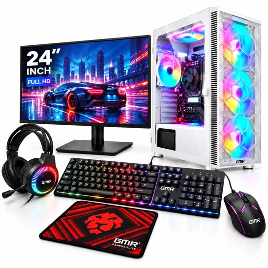 Gaming PC Set Ryzen 3 3200G 16GB RAM 250GB SSD Radeon Vega 8 24″ Full HD Monitor Toetsenbord Muis Headset