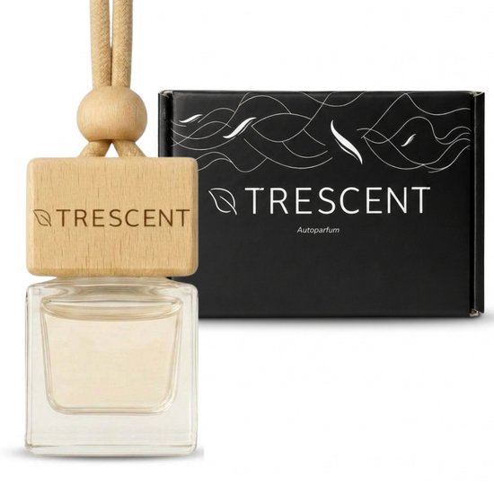 Trescent autoparfum met vierkant glazen flesje, houten dop en koord, voor een zwarte doos met witte lijntekeningen.