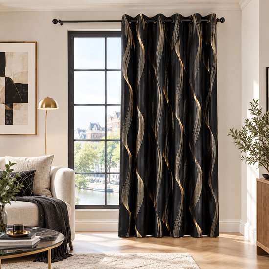 Gordijnen Zwart Goud - Golvend Patroon - Gordijn met Ringen - 1 stuk thermische gordijnen voor slaapkamer en kantoor - 132 x 241 cm