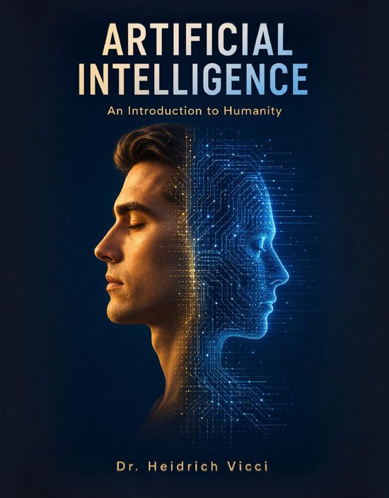 Boekomslag: profiel van man en digitaal AI-gezicht met het opschrift 'Artificial Intelligence: An Introduction to Humanity'.
