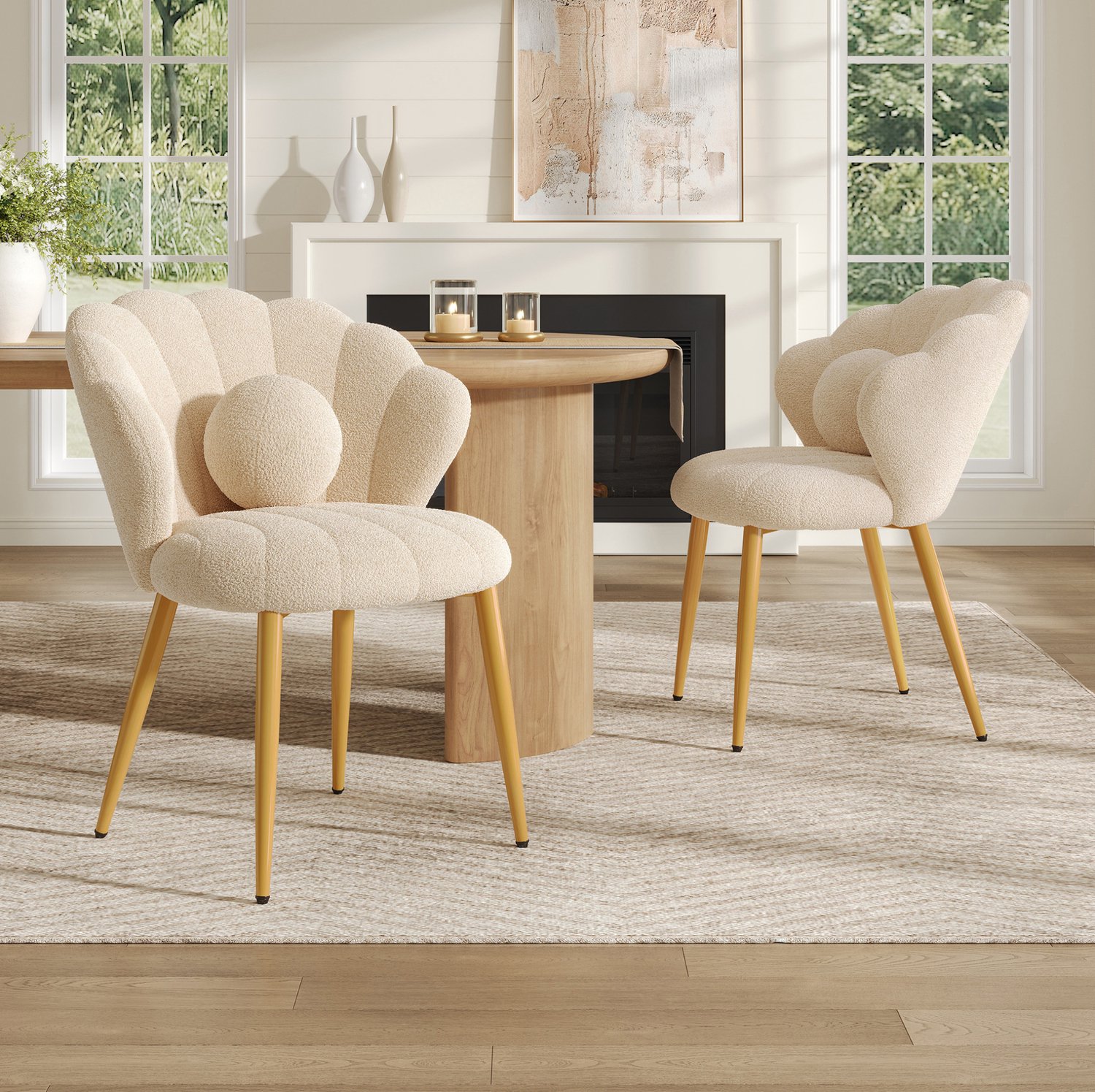 STILVORA Eetkamerstoel Kuipstoel 60 x 62,5 x 83 Cm - Set Van 2 Met Teddystof, Kussen En Metalen Poten - Eetkamer En Thuiswerkplek - Beige