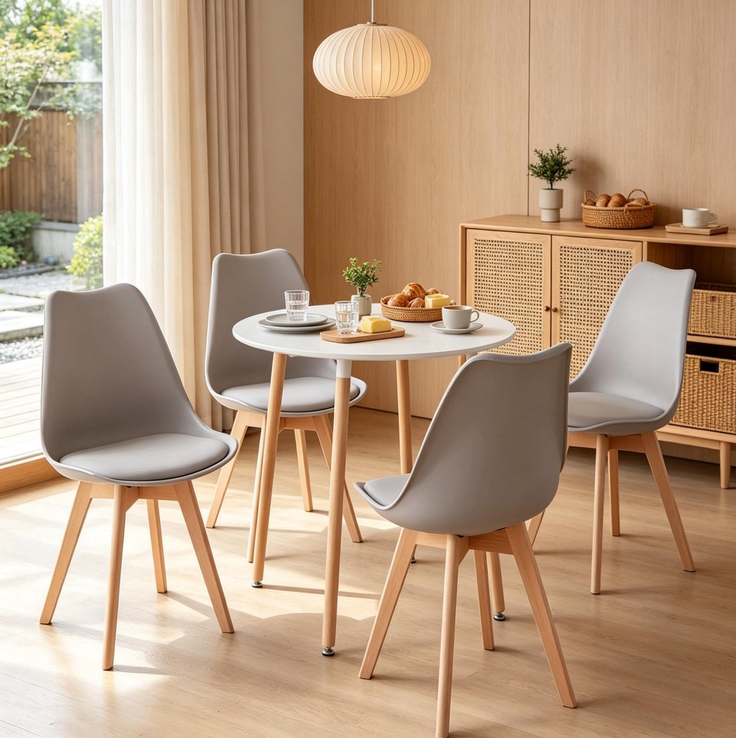 STILVORA Eettafelset 80 x 80 cm - Ronde Tafel Met 4 Stoelen - Voor Keuken, Eetkamer En Balkon - Hout En Kunststof - Grijs Wit