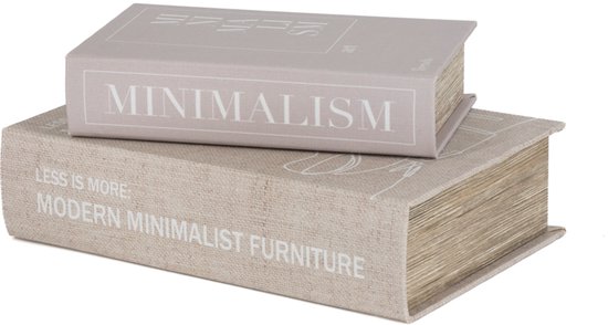 Twee beige decoratieve boeken van stof met de teksten MINIMALISM en MODERN MINIMALIST FURNITURE.