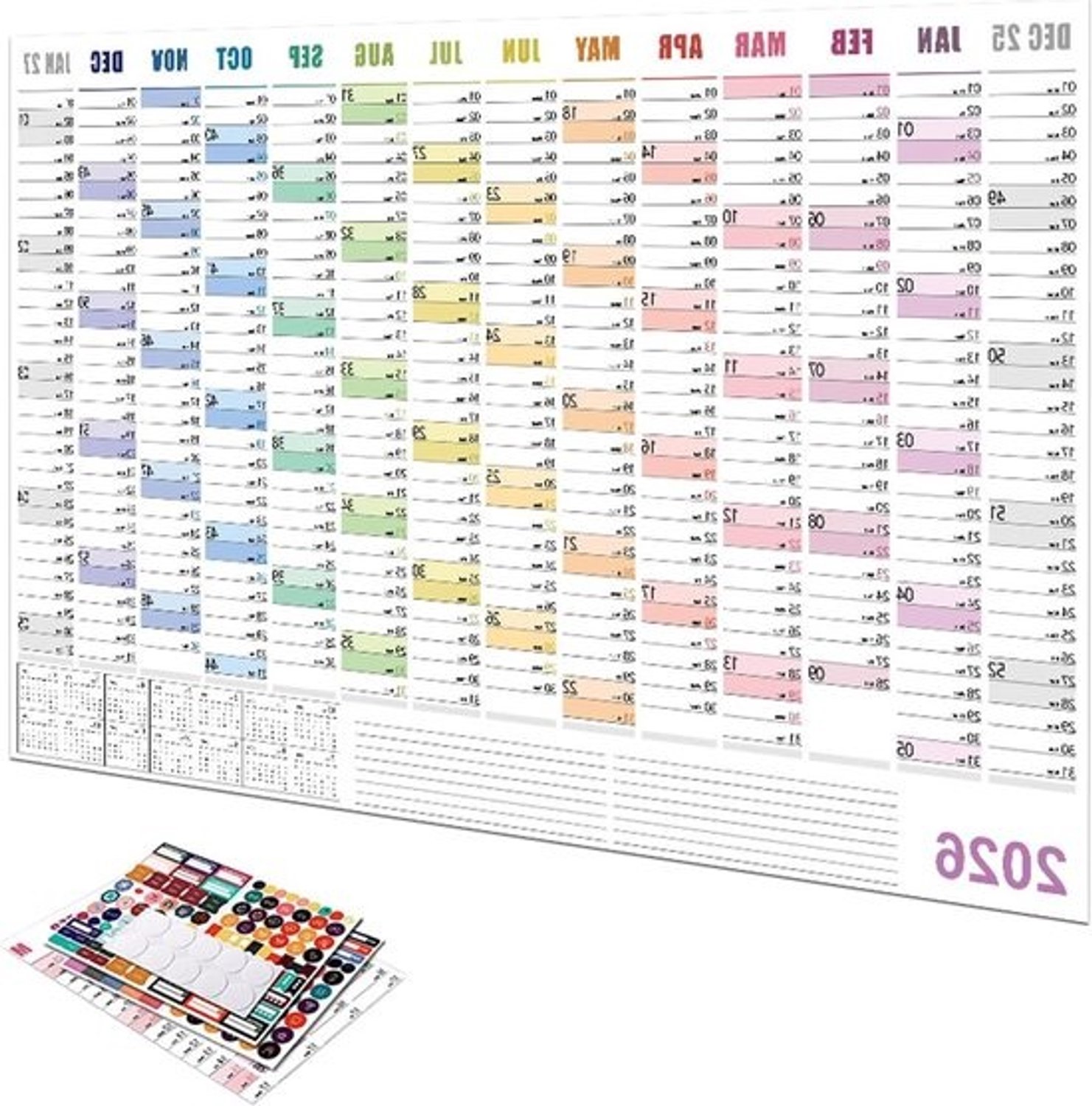 Wandkalender 2026 - Jaarplannerposter - Overzicht van het jaar - Sterk papier - 74 x 52 cm - Wit