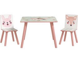 Kidon Kindertafelset - Met tafel en 2 stoelen - Met dierenmotieven - Van MDF en massief hout - 60 x 60 x 44 cm - Roze