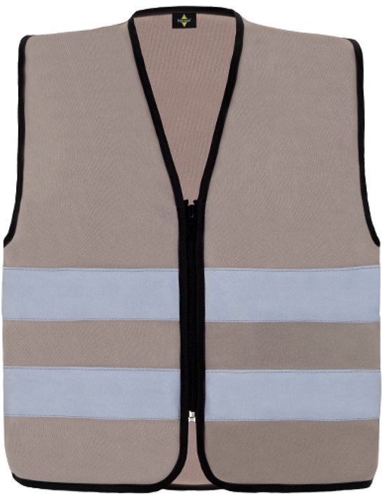 Grijs Korntex veiligheidsvest met ritssluiting aan de voorzijde en twee reflecterende zilveren strepen.