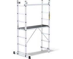 DRABEST Basic ladder made of aluminum - 2 X 7 rungs - Scaffolding - Collapsible ladder - Versatile ladder with a work platform - Height-adjustable and collapsible - Aluminum ladder and scaffolding for the garden and construction