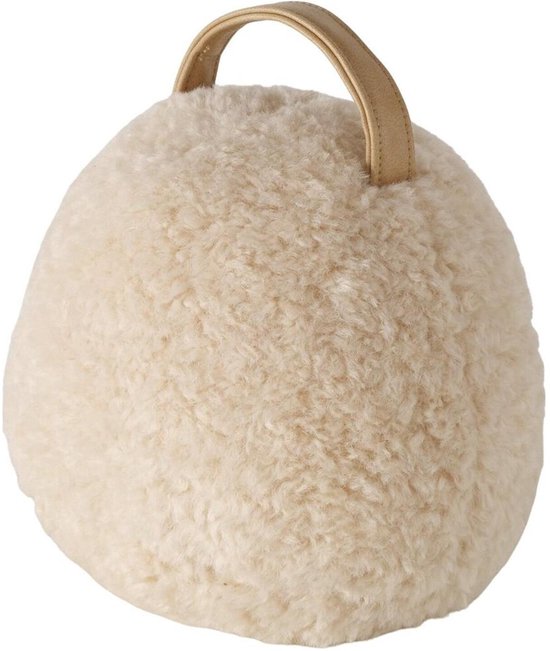 Ronde deurstopper in beige imitatievacht met een lichtbruin handvat.