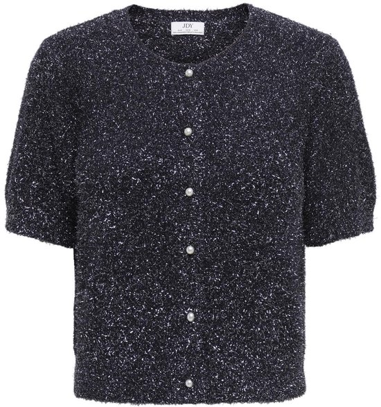 JDY donkerblauw glittervest met korte mouwen, ronde hals en parelmoer knoopsluiting.