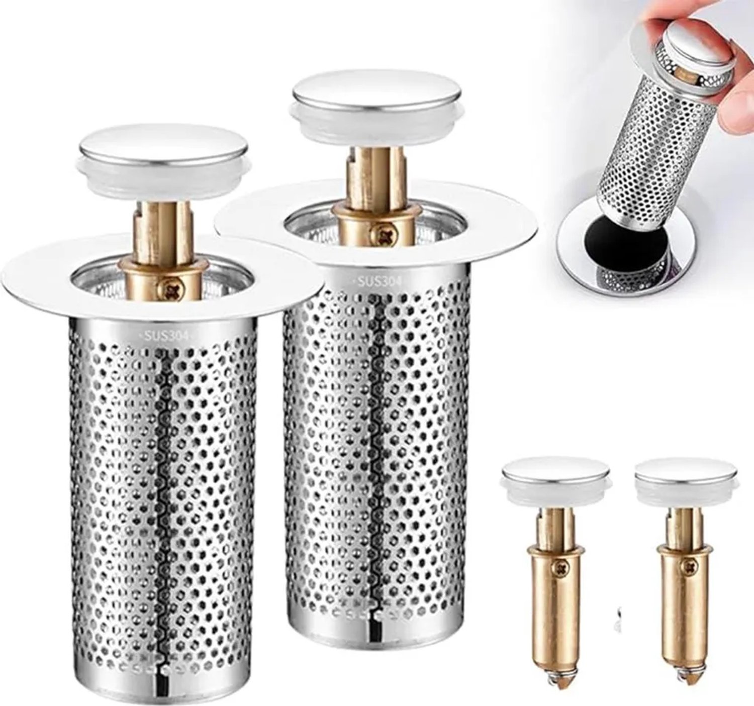 Twee pop-up afvoerstopjes, afvoerstop met filter, 33–55 mm
