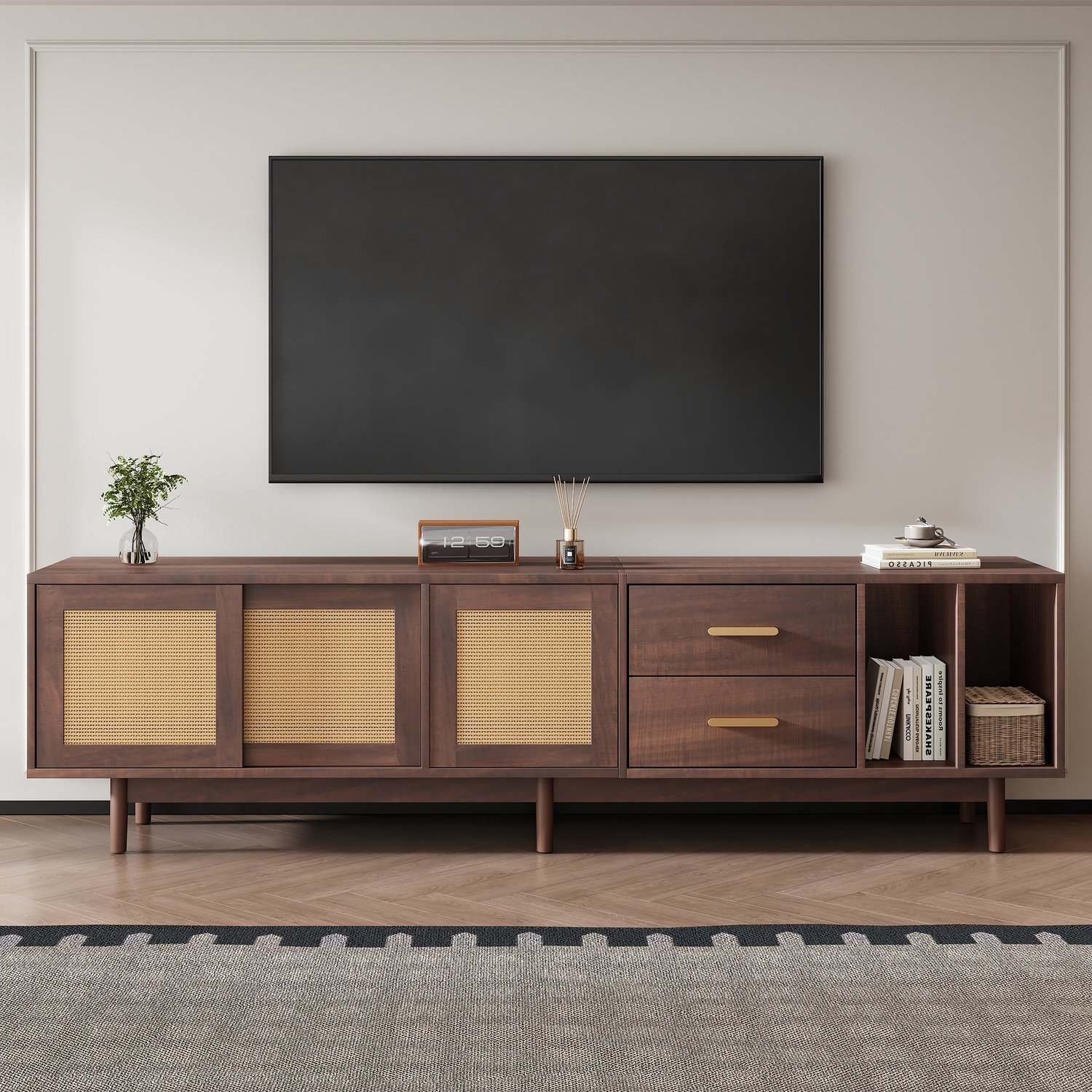 Tv-meubel voor 75 inch tv - bruin rotan tv-meubel van MDF - met 3 deuren en 2 lades - met schuifdeuren - 190 x 40 x 52 cm – woonkamer – bruin