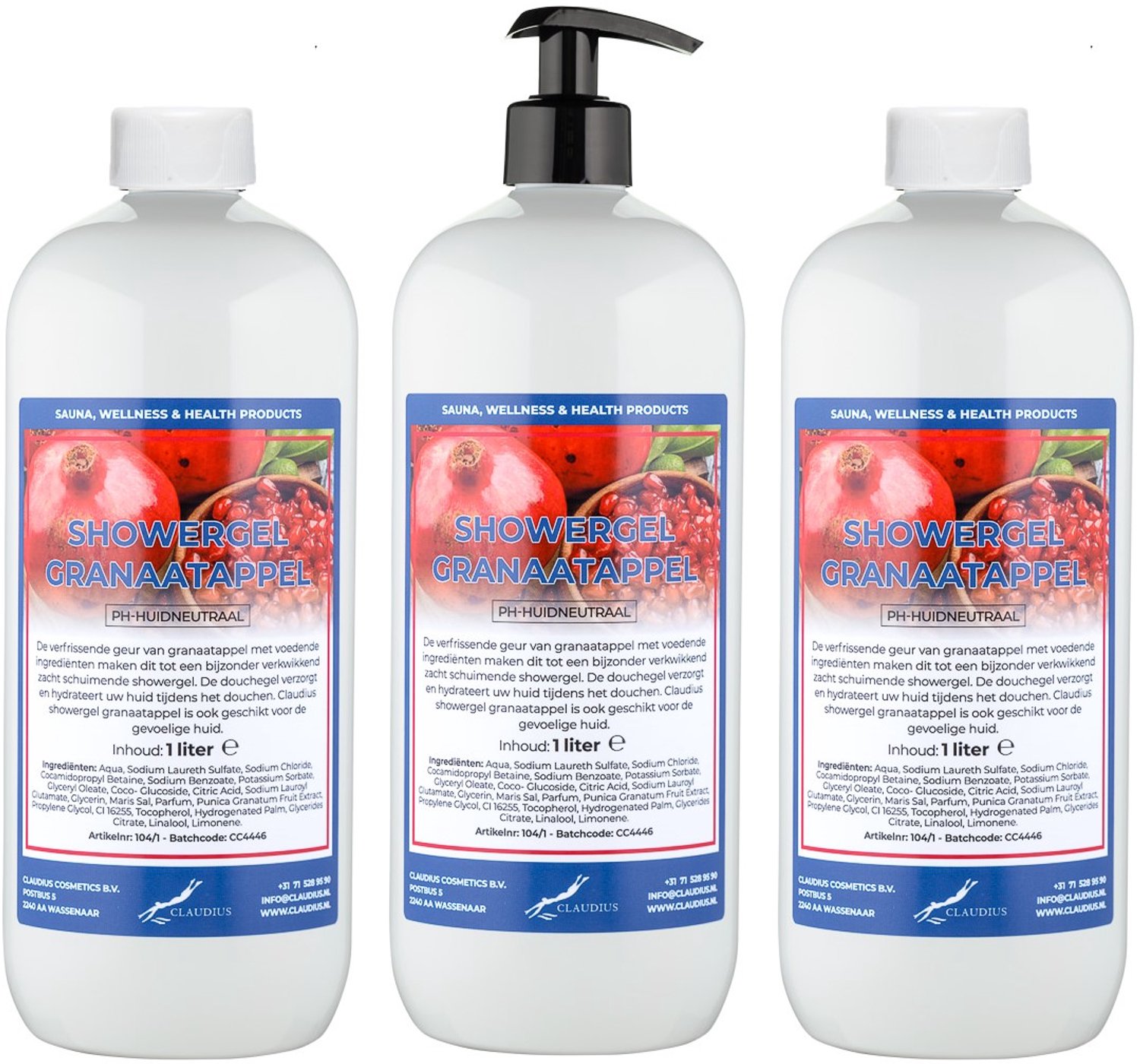 Claudius Douchegel Granaatappel 1 liter - set van 3 stuks - met gratis zwarte pomp - navulling - voordeelverpakking