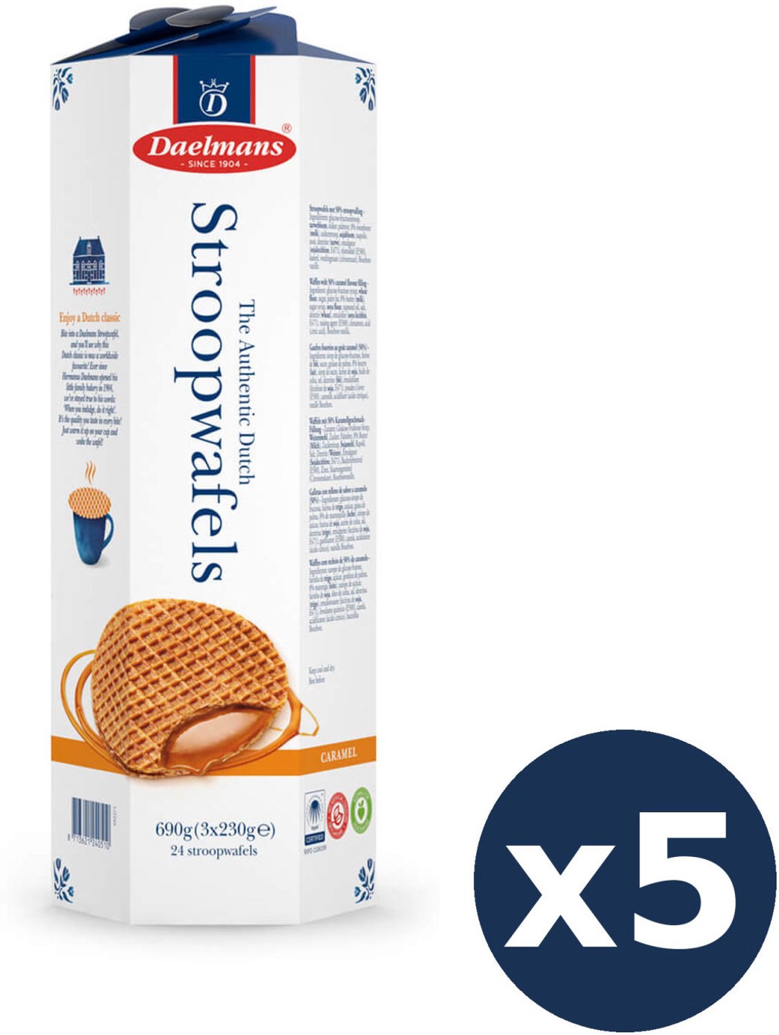 Daelmans Karamel Stroopwafels 5-Pack Bundel, Hexa Toren met 120 Stroopwafels, Traditioneel Hollands Recept uit 1904