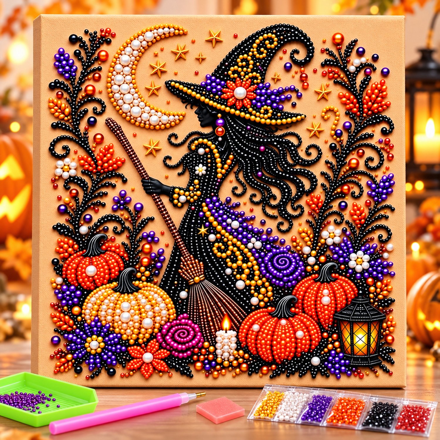 PulseOne - Halloween diamond painting - diamond painting volwassenen - parel diamond painting met lijst - DIY hobby knutsel - Halloween decorations - decoratie - huis decoratie - wanddecoratie - spook - pompoen - herfstdecoratie - cadeau - creatief