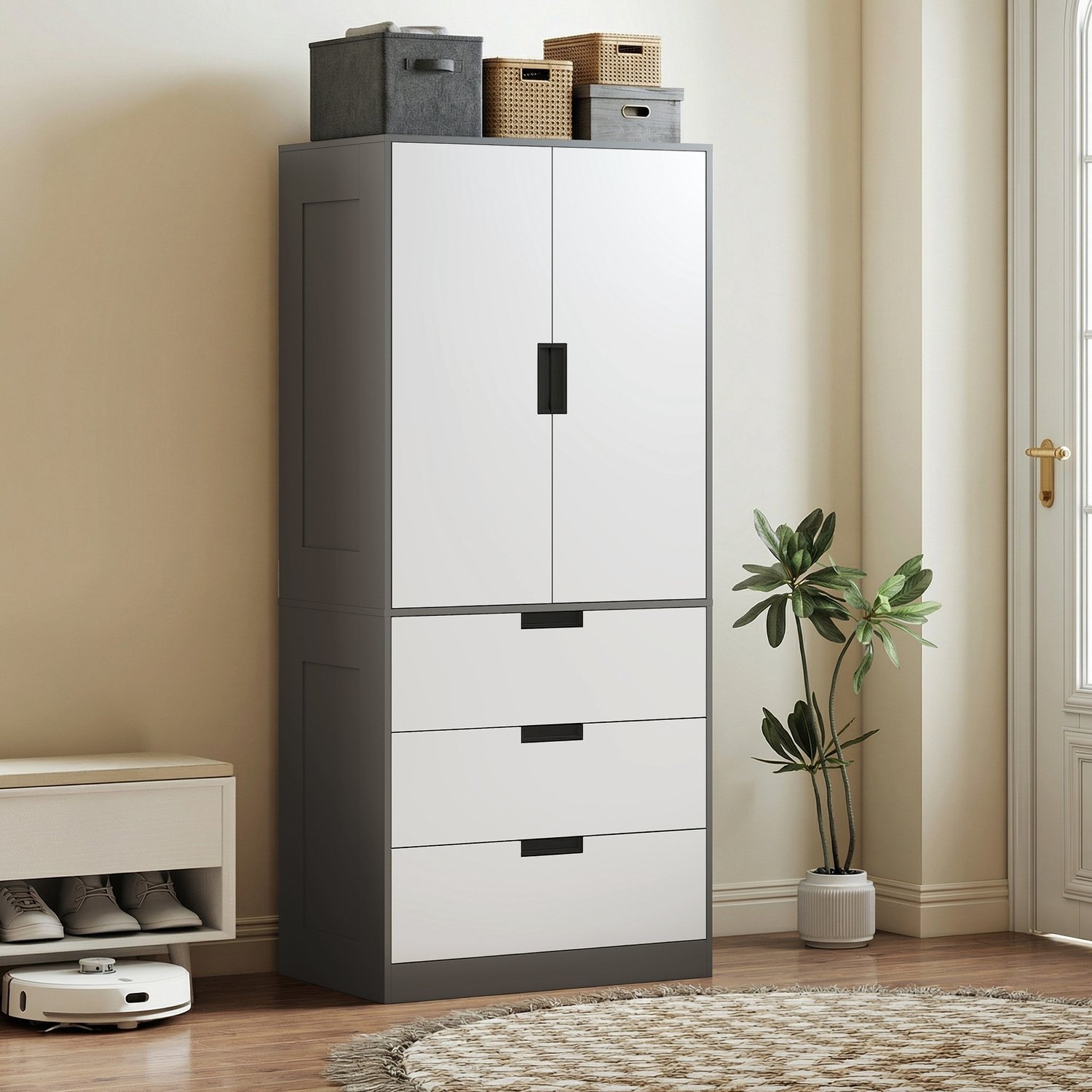 TEKROA® Kledingkasten - Moderne kledingkast - garderobekast met 3 lades - 2 deuren en kledingroede - grijs