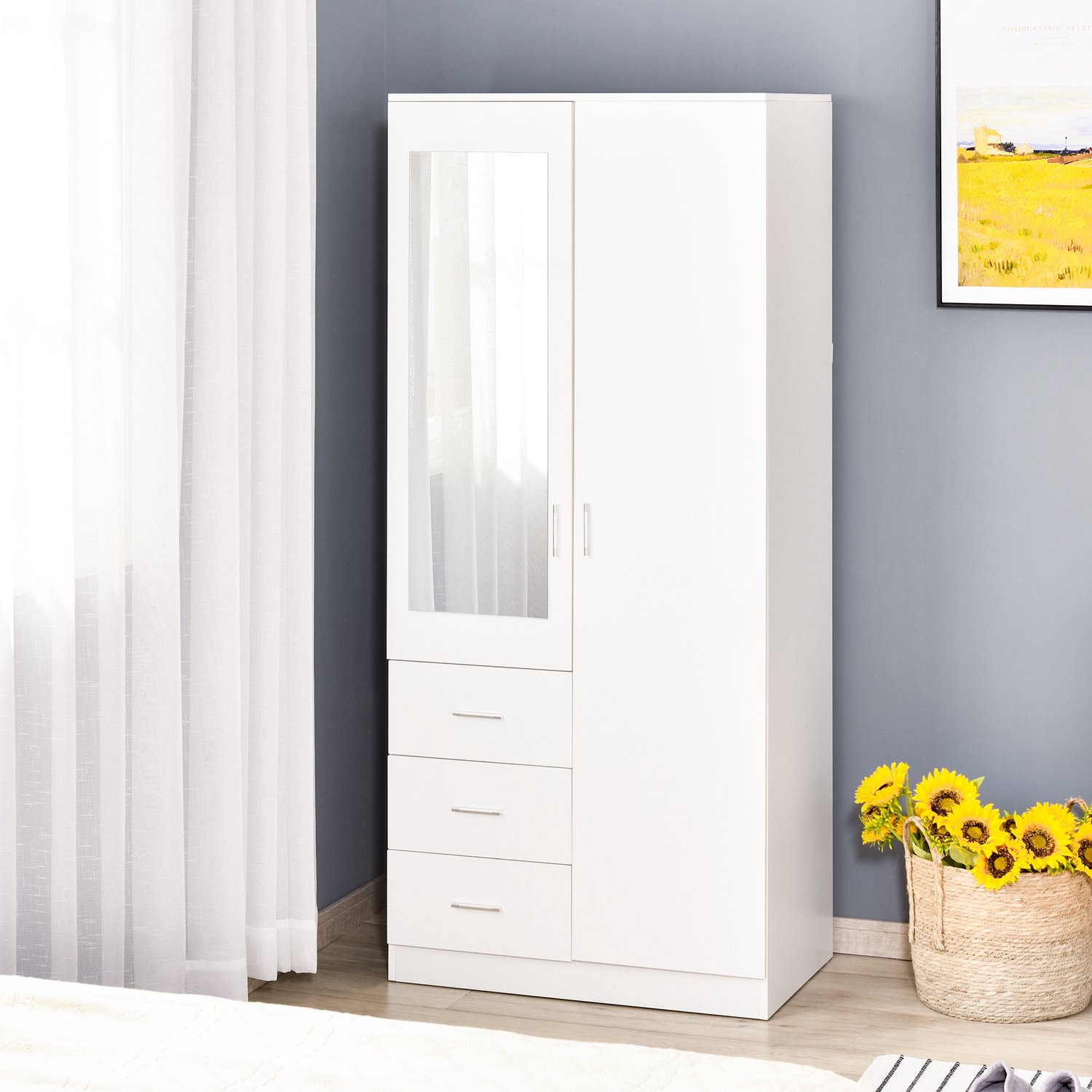 TEKROA® Kledingkasten - Moderne 2-deurs kledingkast - met spiegel en 3 lades -verstelbare legplanken en kledingroede - 80x50x180 cm - wit