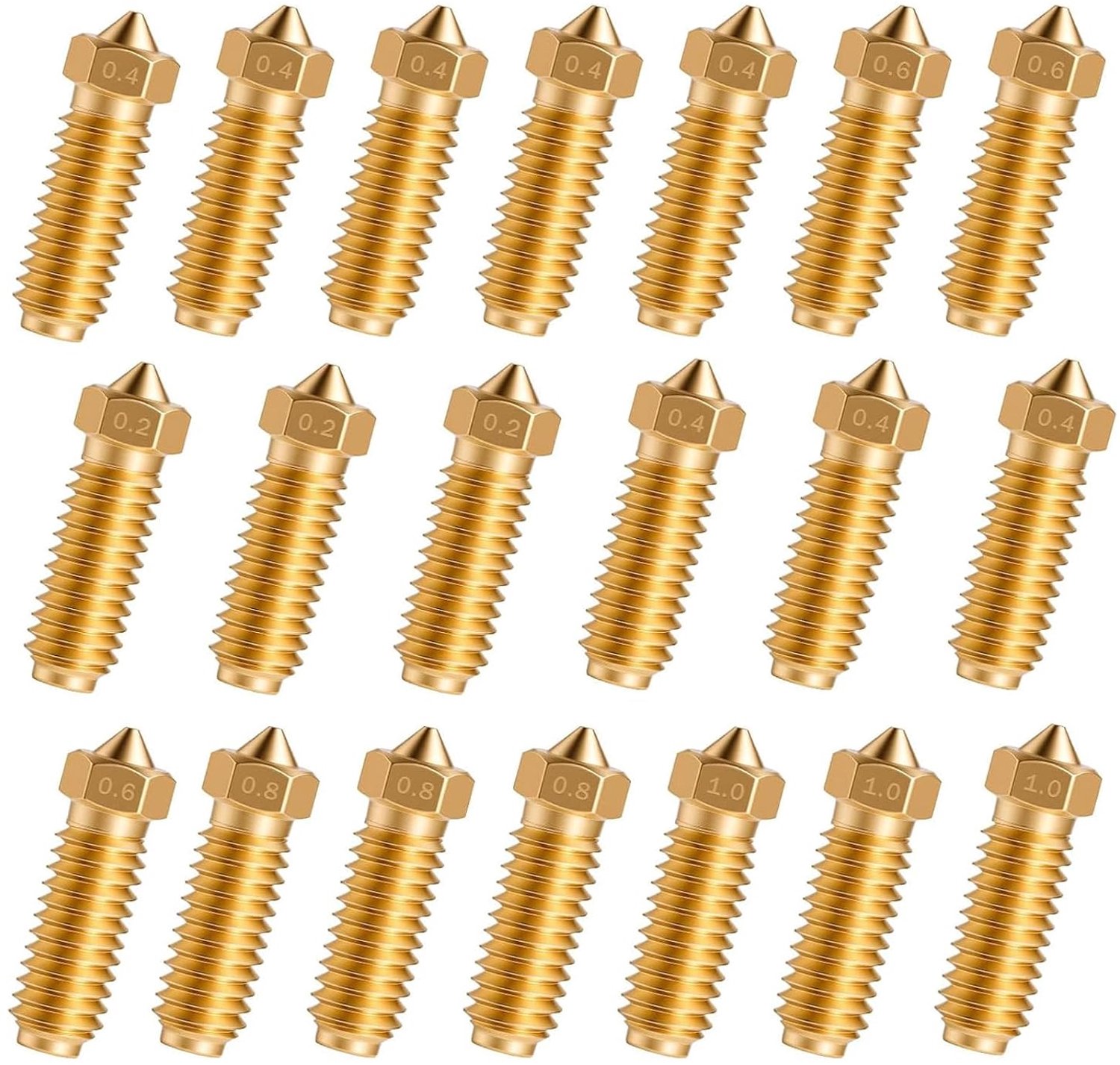 Messing mondstukken 20 stuks - 8 x 0,4 mm + 3 x 0,2 mm + 3 x 0,6 mm + 3 x 0,8 mm - voor 3D-printer - ServiceTopper