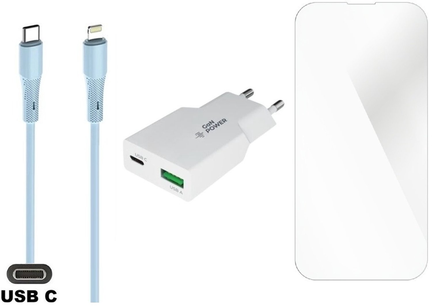 OneOne 45W super snellader met 2 poorten en screenprotector van glas voor iPhone 12 + 1,0m USB C naar Lightning kabel. Universele PD PPS lader. Compacte GaN oplader adapter. Glazen screenprotector past op Apple iPhone 12