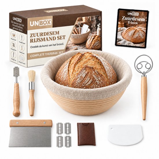 UNBOX zuurdesem rijsmandset met rijsmand, deegklopper, mesje, kwast, schrapers, mesjes en e-boek voor brood bakken.