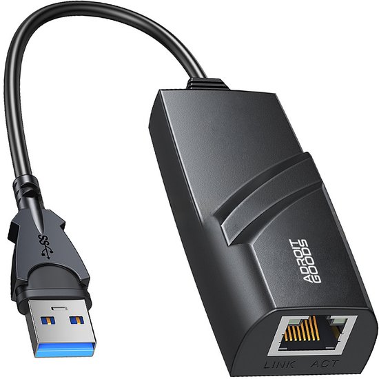 Zwarte AdroitGoods USB-A naar RJ45 Ethernet-adapter met een 20 cm lange kabel.