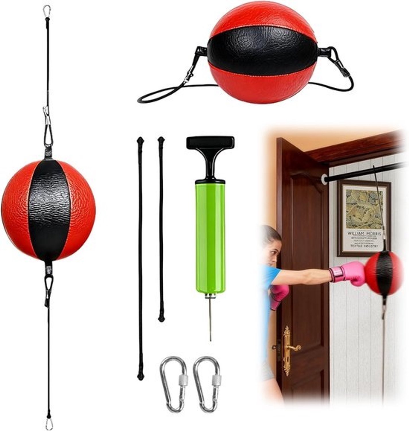 Dubbele reflexbal voor boksen en MMA | Met pomp en bevestigingsmateriaal | Zwart/rood