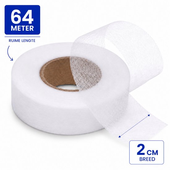 Rol witte, doorschijnende strijkband van 64 meter lang en 2 cm breed voor het inkorten van kleding en gordijnen.