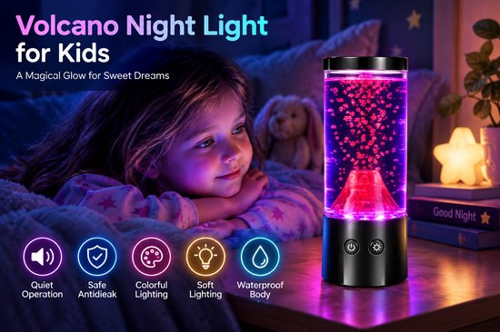 Lamp in de vorm van een vulkaan – Met vulkaanuitbarstingseffect – Creatieve decoratieve sfeerverlichting – Geruisloos LED-nachtlampje voor op tafel – Kleurveranderend (7 kleuren) – Geschikt voor binnen, Kerstmis, slaapkamers en kantoren – Zwart — afbeelding 5