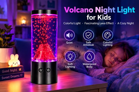 Lamp in de vorm van een vulkaan – Met vulkaanuitbarstingseffect – Creatieve decoratieve sfeerverlichting – Geruisloos LED-nachtlampje voor op tafel – Kleurveranderend (7 kleuren) – Geschikt voor binnen, Kerstmis, slaapkamers en kantoren – Zwart — afbeelding 4