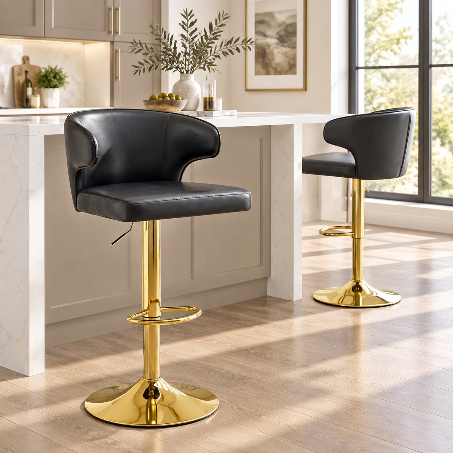 CHICFURN Barkruk 49,7 cm - Set van 2 - Hoogteverstelbaar - 360° draaibaar - Met rugleuning - Keuken en bar - Kunstleer en metaal - Zwart