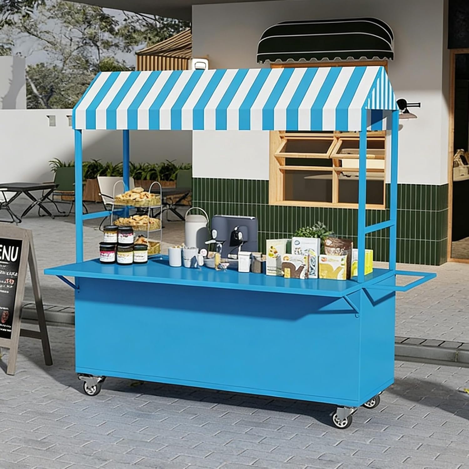 Mobiele Streetfood Verkoopwagen 140 cm met Luifel – Draagbare Marktkraam op Wielen voor Festivals, Jaarmarkten en Evenementen – Blauwe Verkoopkar met Opbergruimte