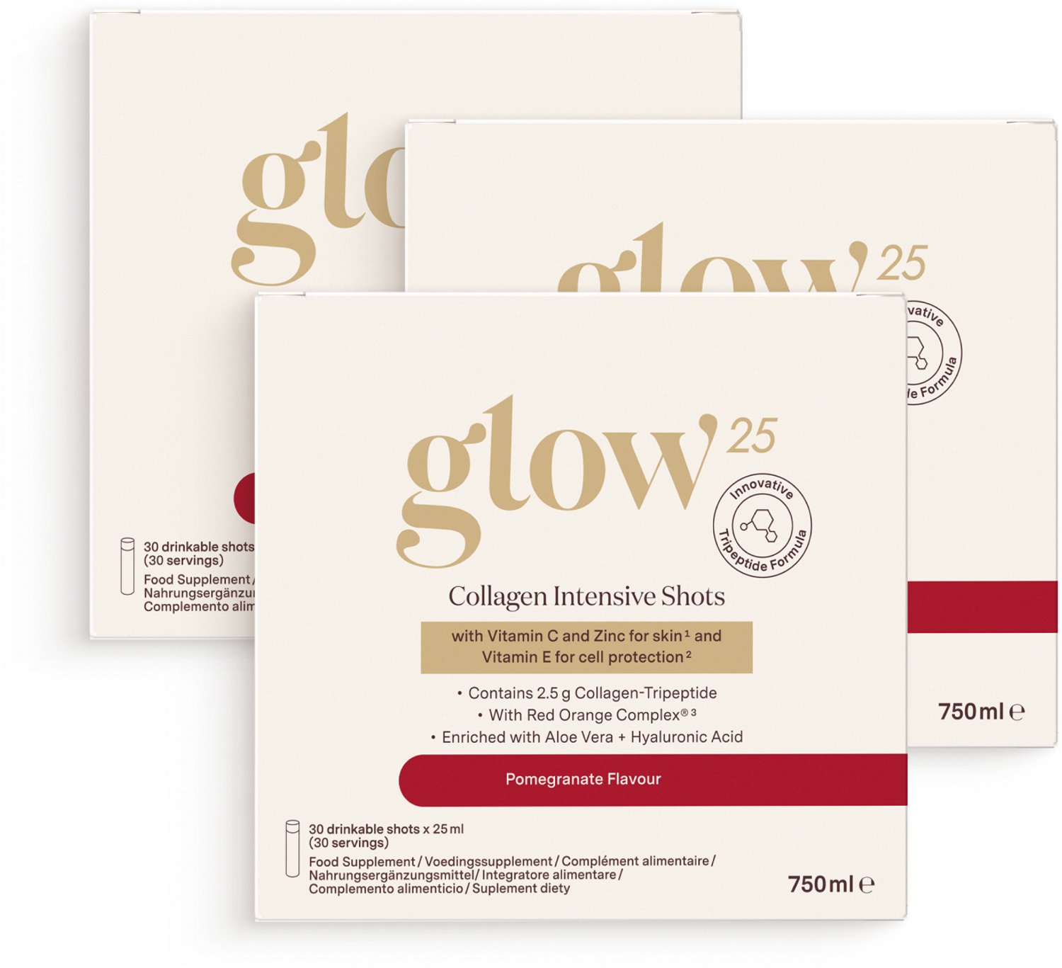 Glow25 Collagen Intensive Shots [30 shots x3] | hyaluronzuur, aloë vera & vitamine C | voor huid, haar en nagels | smaak van kersen en rode druif