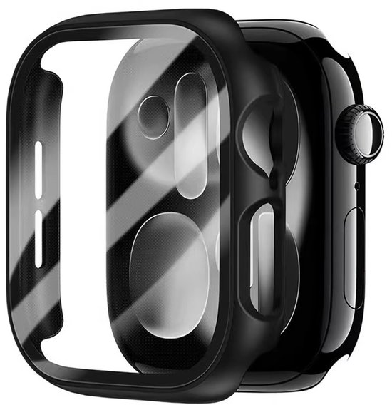 Zwarte 360-graden beschermhoes met ingebouwde screenprotector voor Apple Watch.