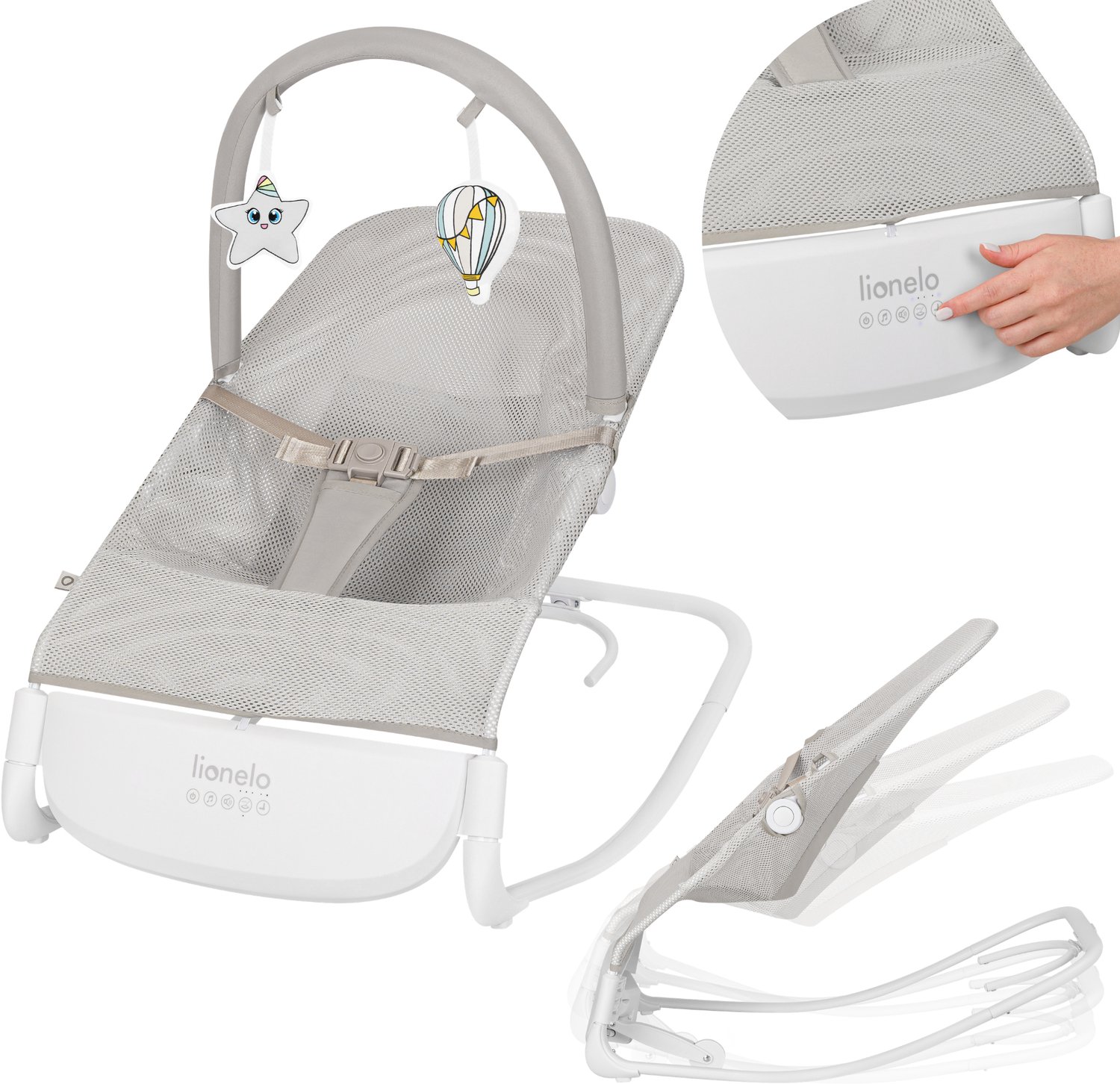 Lionelo Vinci Elektrische Wipstoel – Babywipstoel vanaf Geboorte – 3 Snelheden – Bewegingssensor – 3 Standen Rugleuning – Ultra Quiet 30 dB – Timer 30/60 min – Rocking Lock – Natuurgeluiden & Melodieën – 3-Puntsgordel – EasyWash Cover – USB-C