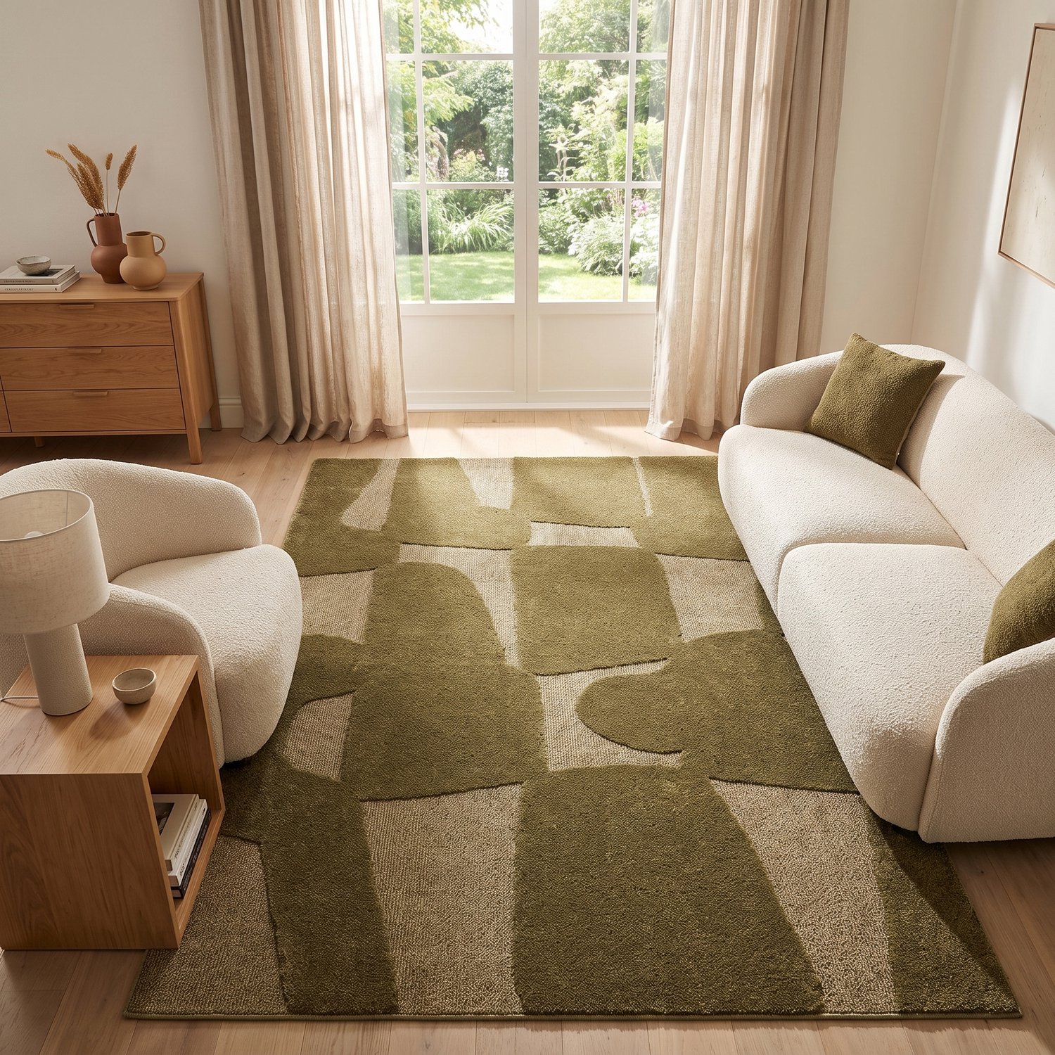 Tapiso Relievo Vloerkleed Abstract - 3D Hoog-Laag Structuur - Modern Tapijt voor Woonkamer en Slaapkamer - Olijfgroen 80x150