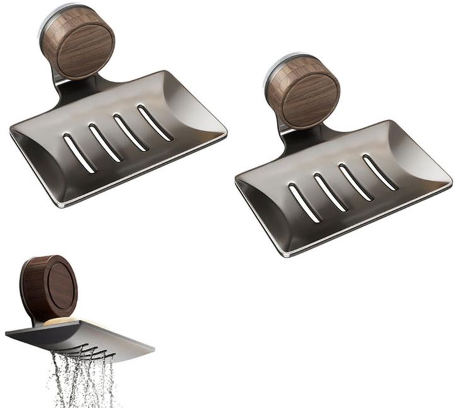 KZQ 2 Stuks Zelfdrainerend zeepbakje – Zeephouder met zuignap en afvoer – Geschikt voor douche, keuken, badkamer en wastafel – Gunmetal grijs