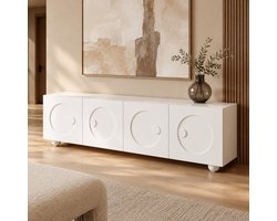 MIVRAY Televisiemeubel - Mat Wit Met 3D Reliëfdeuren En Opbergvakken - Lage Kast Voor Woonkamer - MDF Spaanplaat - 180,5x38x50 Cm