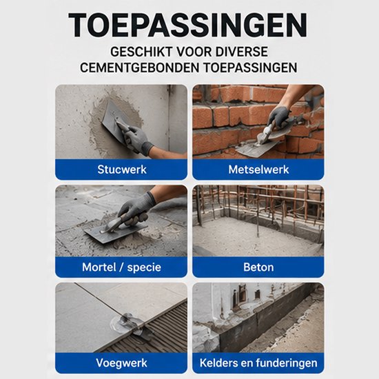 Overzicht van toepassingen: stucwerk, metselwerk, mortel, beton, voegwerk, kelders en funderingen.