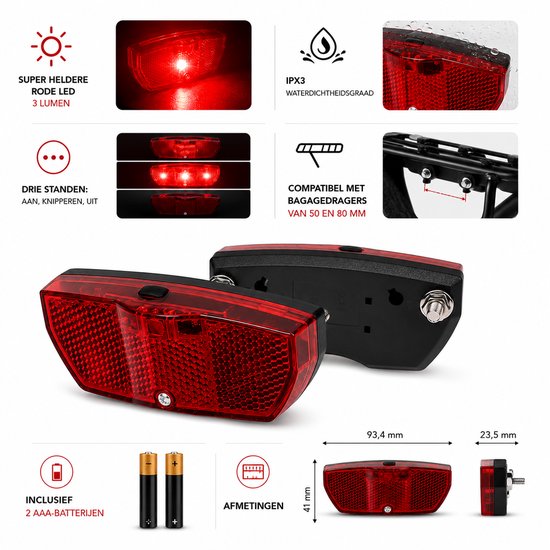 2x PD® Achterlicht fiets - Universeel fiets achterlicht met reflector, LED en schakelaar - 2 stuks - inclusief batterijen — afbeelding 2