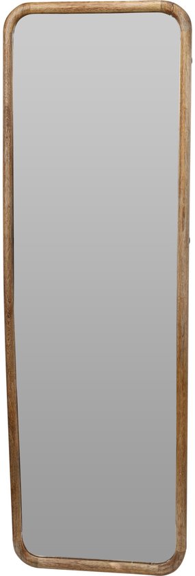 Rechthoekige wandspiegel met afgeronde hoeken en een frame van natuurlijk mangohout.
