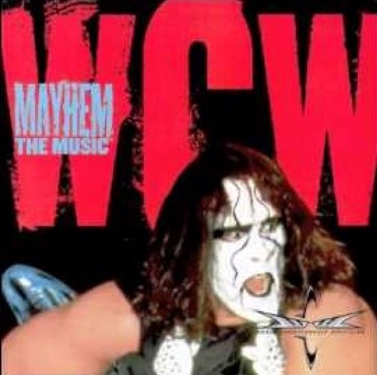 Sting met wit geschminkt gezicht voor rode WCW Mayhem: The Music-tekst.