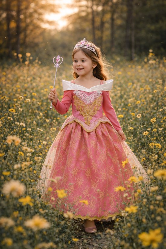 Meisje in roze met gouden prinsessenjurk, kroontje en toverstaf in een veld met gele bloemen.